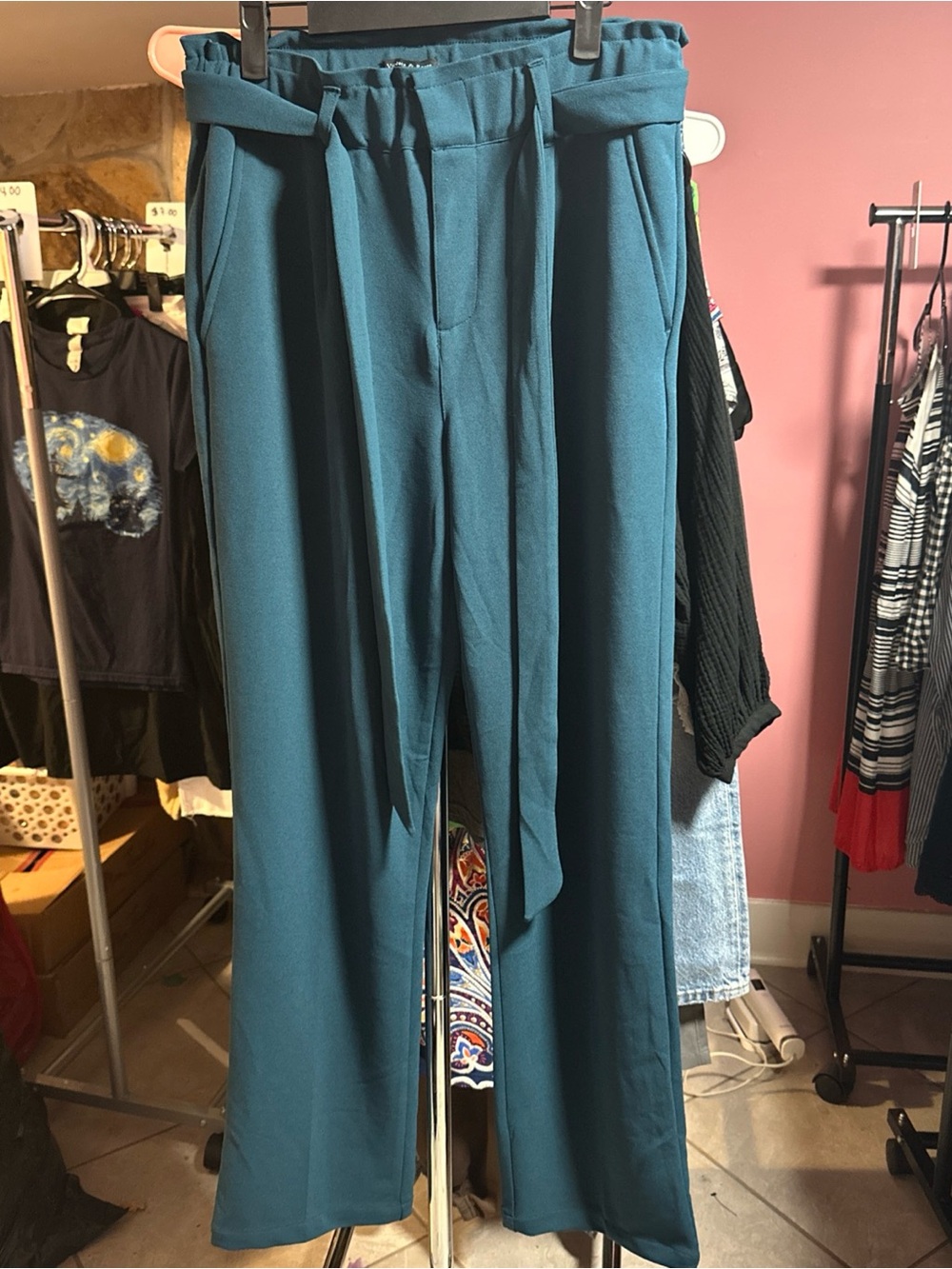 Paperbag Waist Straight-Leg Pants in Teal with Self-Tie Belt